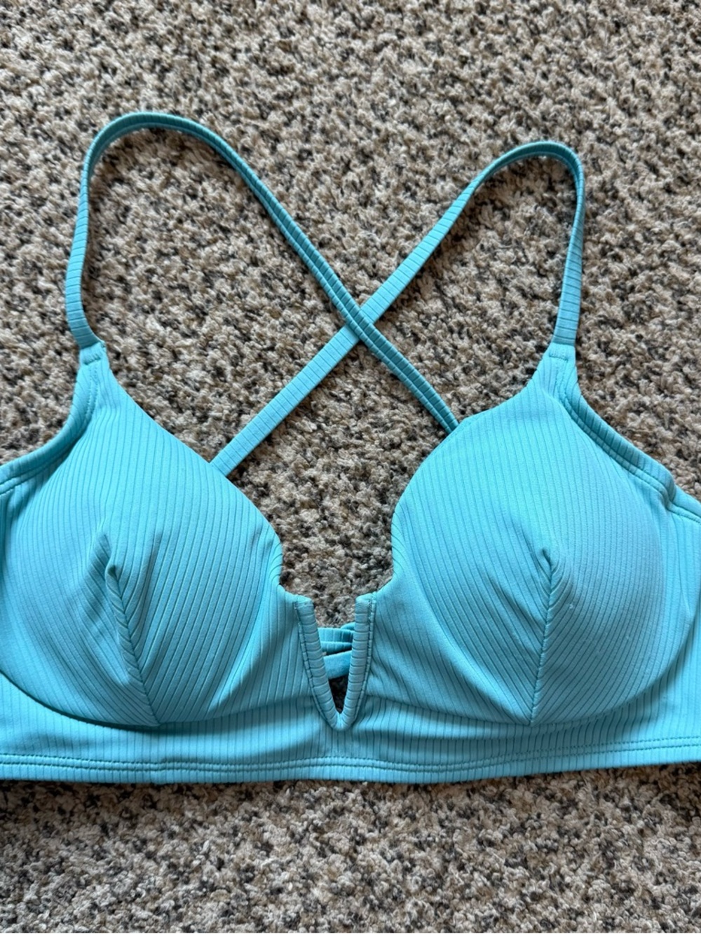 Shade & Shore - Ribbed V-Neck Criss-Cross Bikini Top - Sea Blue - Size 34DD